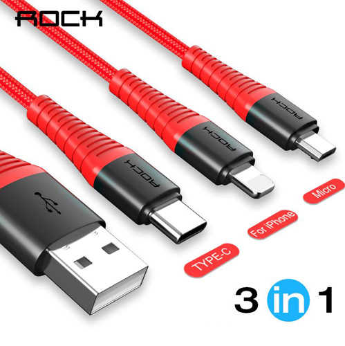כבל טעינה 3 ב-1 ROCK 3A Micro USB / USB C / Lightning