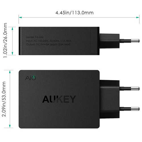 מטען קיר 4 יציאות Aukey 40W/8A USB דגם PA-U36