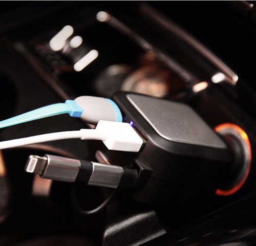 מטען לרכב USBx2 וכבל Micro USB/Lightning נגלל Cafele