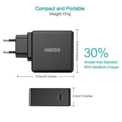 מטען קיר USB-C PD 3.0 60W עם כבל CHOETECH