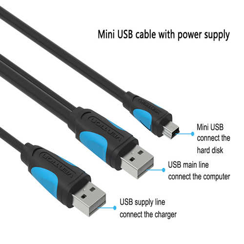 כבל הזנה מתח כפול USB A x2 - Mini USB באורך 1 מטר Vention